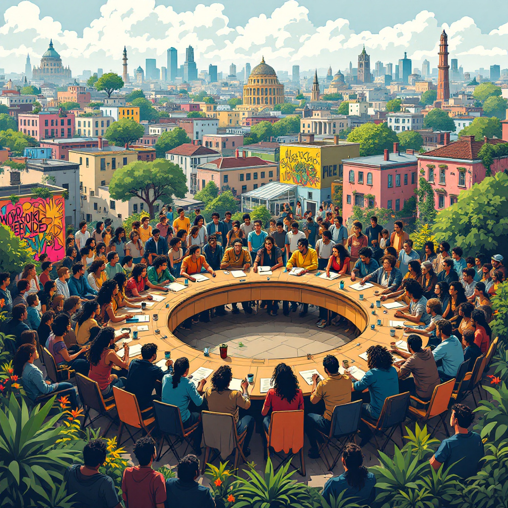 A circular table of delegates from a federation, outdoors, with a sweeping vista of buildings in the background